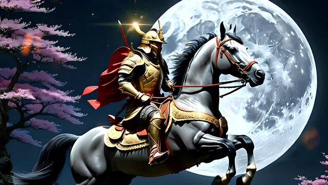 Japanese empire warrior in armor on horseback. 