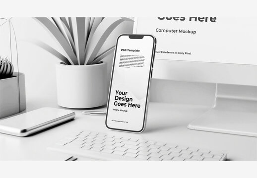 Phone Mockup Screen Template with Computer Monitor, Keyboard, Mouse, and Plant on Desk