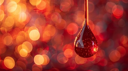 Glistening Drop of Blood Suspended from a Hypodermic Needle with a Bokeh Background - obrazy, fototapety, plakaty