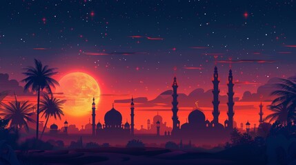 Dramatic sunset and full moon over a silhouette of Islamic mosque domes and minarets with a starry sky