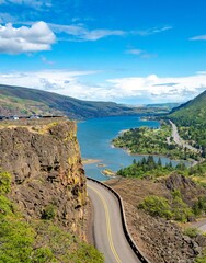 Fototapeta na wymiar Looking east from Rowena Crest at the historic Columbia highway, the Columbia River and Interstate Highway 80N, Oregon