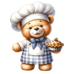 Cute Chef Teddy Bear Clipart, Playful Watercolor for Kitchen and Culinary Designs.