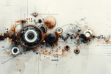 Abstract mechanical artwork depicting interconnected gears and cogs on a textured white background