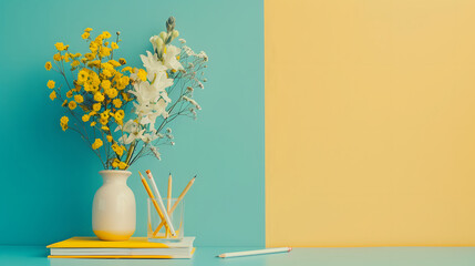 A yellow and blue  vase with wildflowers pencils and notebook AI generate image.