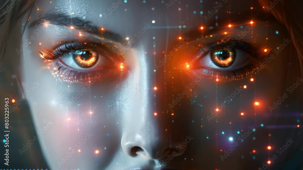 Poster Womans gaze enhanced with digital graphics representing advanced technology.