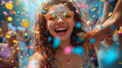 corporate party of a company people taking selfies, casually dressed, happy colorfull.generative ai