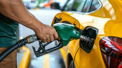 Closeup of man pumping gasoline into car at a gas station, refueling vehicle at the gas pump