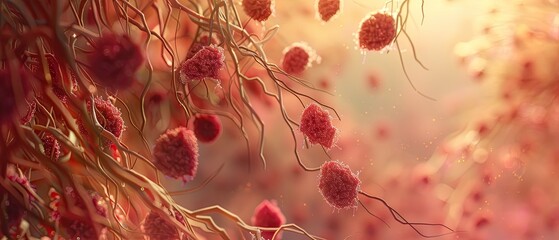 Close-up of a 3D graphic showing the interaction between cancer cells and angiogenesis