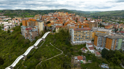 Aerial view of the equipped bridge that crosses Potenza, in Basilicata, Italy. It is a long system...