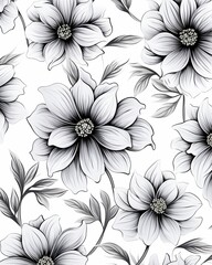 Simple lines, vintage wild flowers, monochrome, highresolution seamless pattern for refined ceramic art ,  vector and illustrations