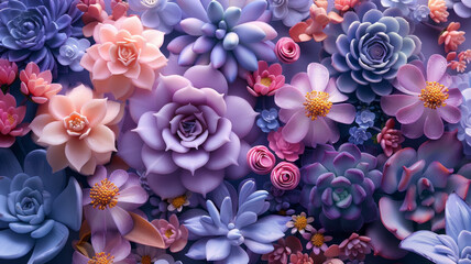 Colorful flowers and succulents are spread all over the place, soft candy colors, colors lavender,generative ai