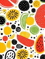 Trendy fruit pattern, bold colors, repeating simple lines, seamless vector for modern textile art ,  flat graphic drawing