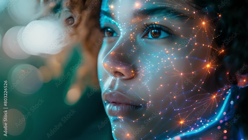 Poster close-up of a woman with glowing digital patterns overlaying her features.