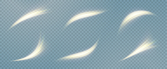 Obraz premium Vector png background with gold glowing lines. Gold glowing lines of speed. Light glow effect. Light trail wave, fire trail line and glow curve swirl.