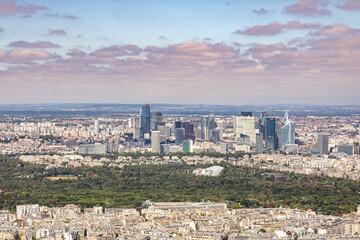 Fototapeta na wymiar Panoramic view of La Défense is the main business district of Paris, its metropolitan area and the Ile de France region. Bois de Boulogne. Tour Eiffel, Paris, France