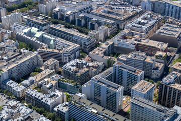 Naklejka na ściany i meble Panoramic view of the roofs of the buildings around the Tour Eiffel and Seine river, Paris, France.
