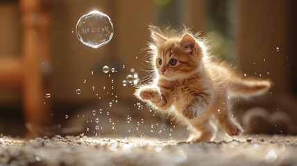 A playful kitten leaping with agility, chasing after a floating soap bubble in a sunlit room.