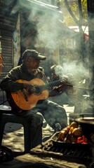 Guitarist strumming chords beside a smoky street food grill during Cinco de Mayo, urban vibe