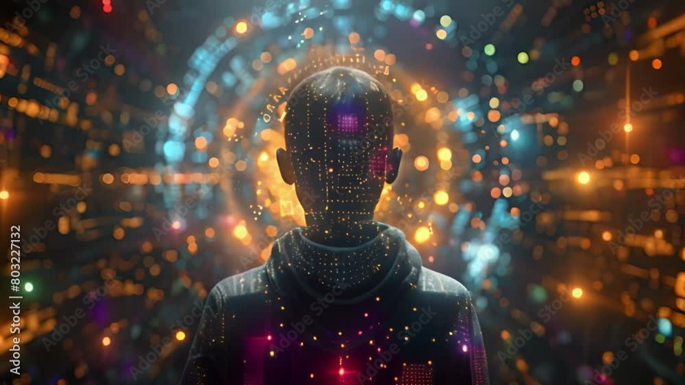 Poster A man standing confidently in front of a high-tech, futuristic urban backdrop with neon lights and advanced architecture.