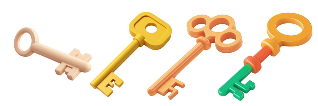 PNG key 3d icons and objects collection, in cartoon style minimal on transparent, white background, isolate
