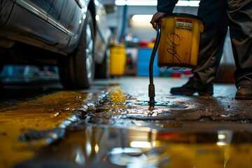 mechanic searching for tools while car drains oil at auto repair shop