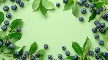Fresh blueberries and leaves scattered on a vibrant green background with ample copy space.