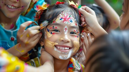 Children Joyously Painting Colorful Traditional Designs on Young Asian Girl's Face