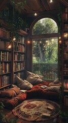 Cozy reading nook filled with cushions and surrounded by towering bookshelves, soft lighting