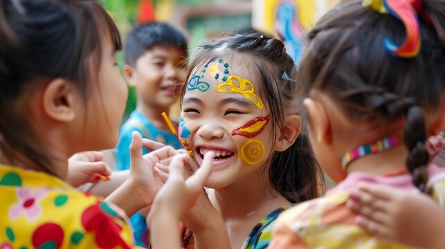 Joyful Cultural Face Painting with Children in Vibrant Setting
