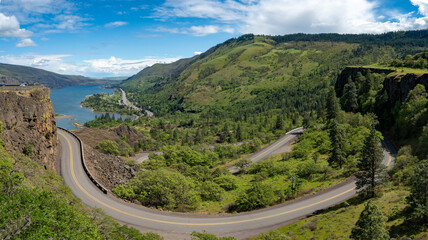 Looking east from Rowena Crest at the historic Columbia highway and the Columbia River Old historic...