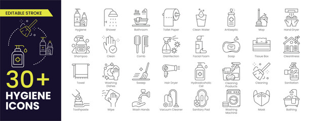 Hygiene Stroke icon collections. Containing cleaning, disinfection, soap, bathing, sweep, shower, washing hands, clean and sanitation icons. Cleanliness concept. Stroke icon collection Outline icon