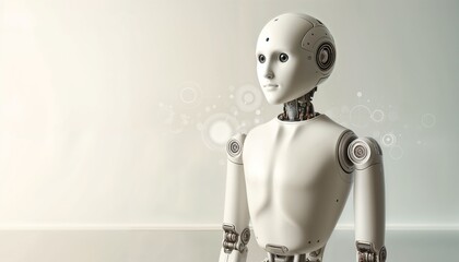 Sophisticated Humanoid Robot Standing in a Bright Room With Copyspace to the Side