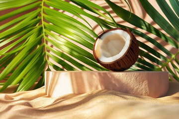  A coconut on a podium in front of palm leaves.