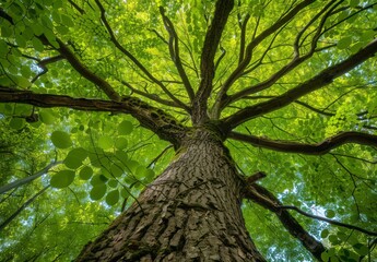 A tree with lush green leaves, viewed from the perspective of looking up at its canopy, symbolizing growth and vitality in nature