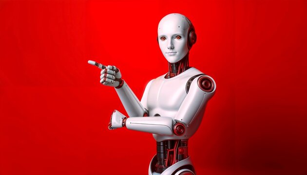 White Robot Pointing at Something on Red Background