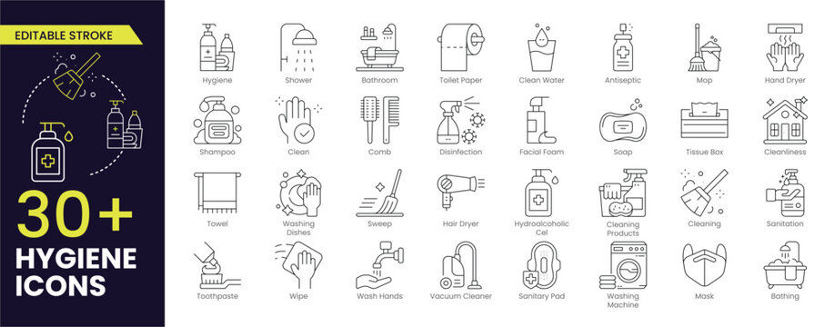 Hygiene Stroke icon collections. Containing cleaning, disinfection, soap, bathing, sweep, shower, washing hands, clean and sanitation icons. Cleanliness concept. Stroke icon collection Outline icon