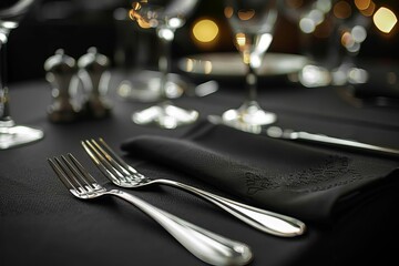 luxurious table setting with glistening cutlery on black tablecloth elegant dining concept