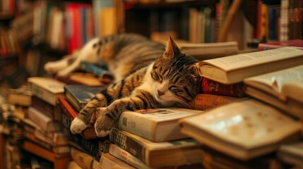 Bookstore cat lounging on a pile of bestsellers, cozy and charming scene - obrazy, fototapety, plakaty