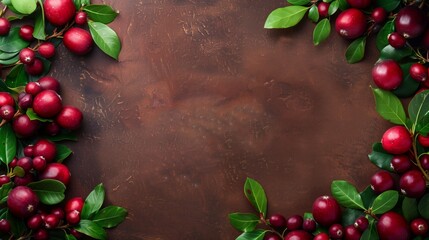 Bright red cranberries with lush green leaves on a textured brown background with copy space.