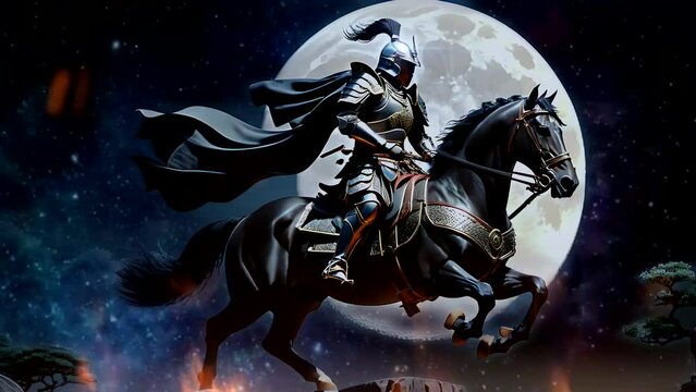 Warrior in armor on horseback. Seamless looping time-lapse 4k video animation background