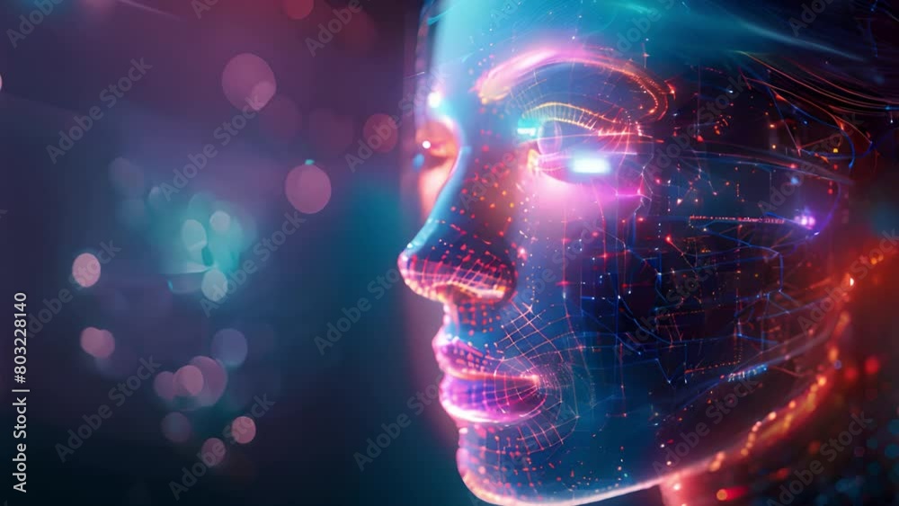 Poster a glowing digital representation of a human face symbolizing ai advancements.