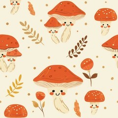 A seamless pattern of cute cartoon mushrooms with polka dots on a cream background