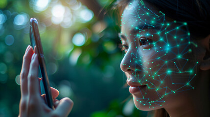  Intimate perspective of a mobile device using facial recognition for user authentication, offering seamless and secure access.