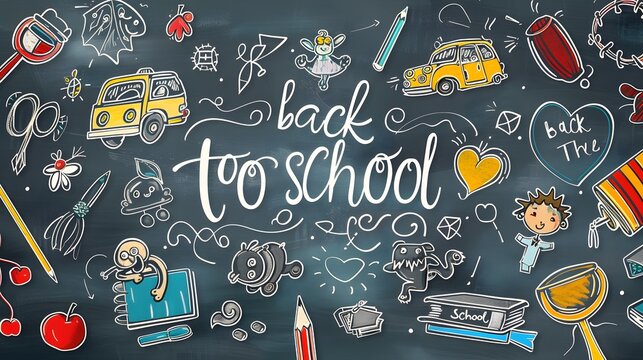Colorful back-to-school chalkboard with playful doodles and cheerful vibes