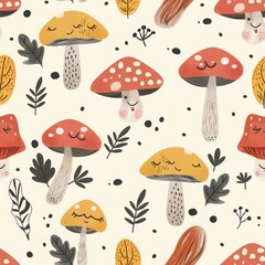 A seamless pattern of cute cartoon mushrooms with smiley faces, surrounded by leaves and foliage on a cream background.