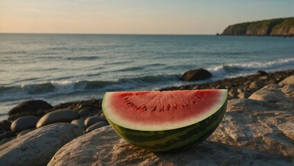 Sunset illuminating a slice of watermelon placed on a rock at the water's edge