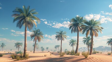 Craft an image of a desert oasis oasis with palm trees swaying in the gentle breeze