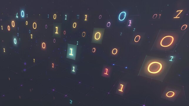 a binary code sequence, with glowing squares and circles arranged on a dark background