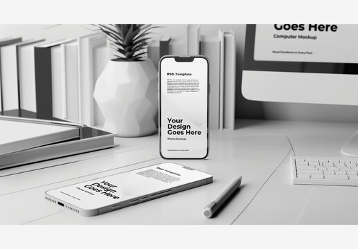 Two White Phone Mockup Screen Template with Desk Setup and Computer Monitor mockup, Keyboard, Pen, and Plant - Minimalist White Office Workspace Concept