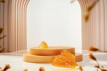 3d render of a podium with a honey on it